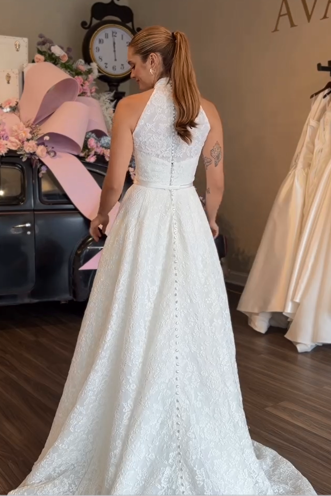 High Neck Lace A-Line Wedding Dress with Bow Waist