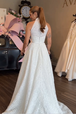 High Neck Lace A-Line Wedding Dress with Bow Waist