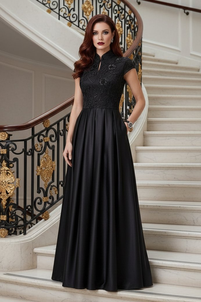 Embroidered High-Neck Gown with Pleated Satin Skirt