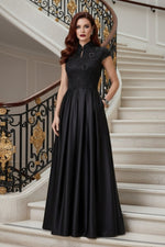 Embroidered High-Neck Gown with Pleated Satin Skirt