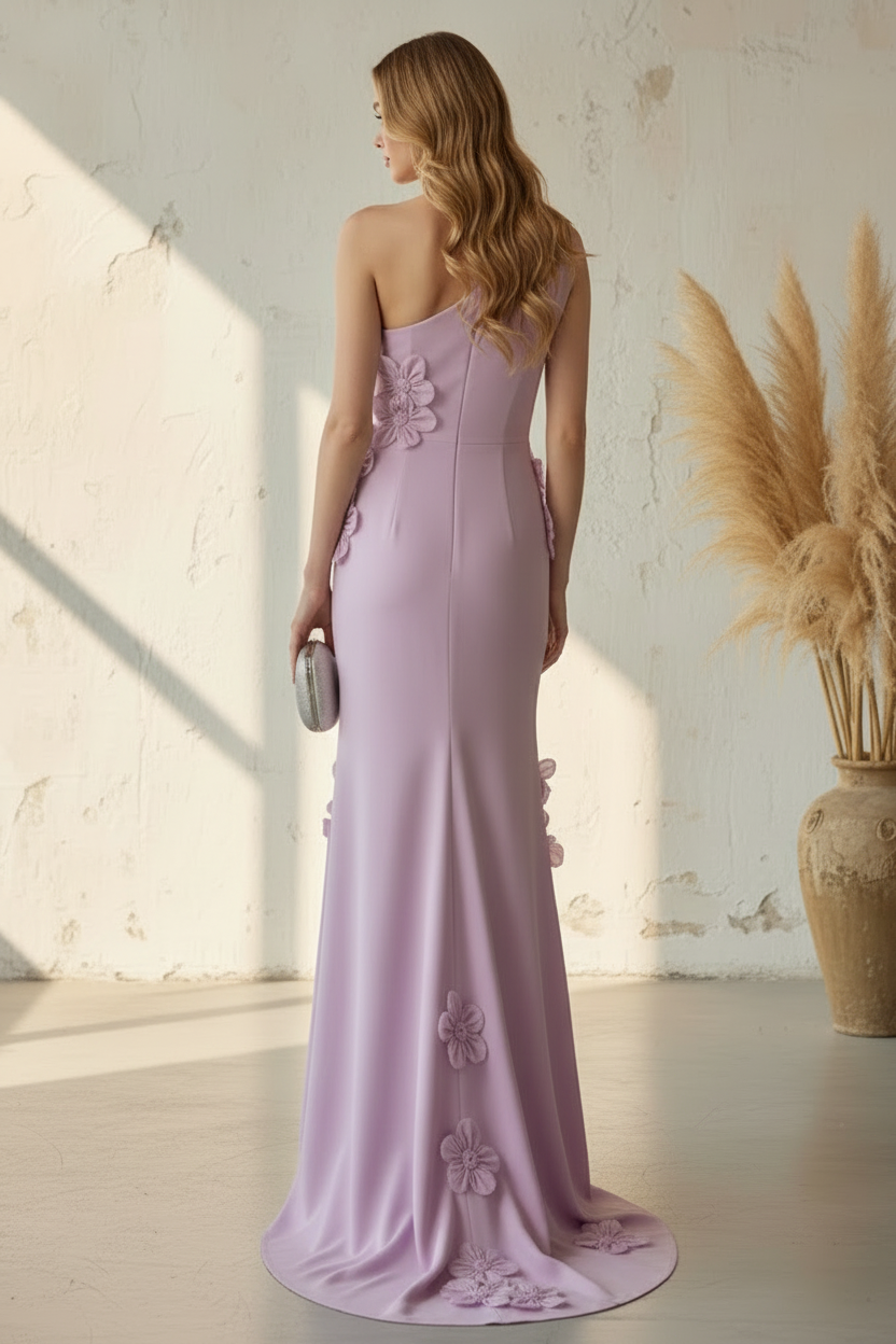 Lilac One-Shoulder 3D Floral Applique Crepe Evening Gown