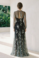 Embroidered Floral Illusion Long Sleeve Evening Gown