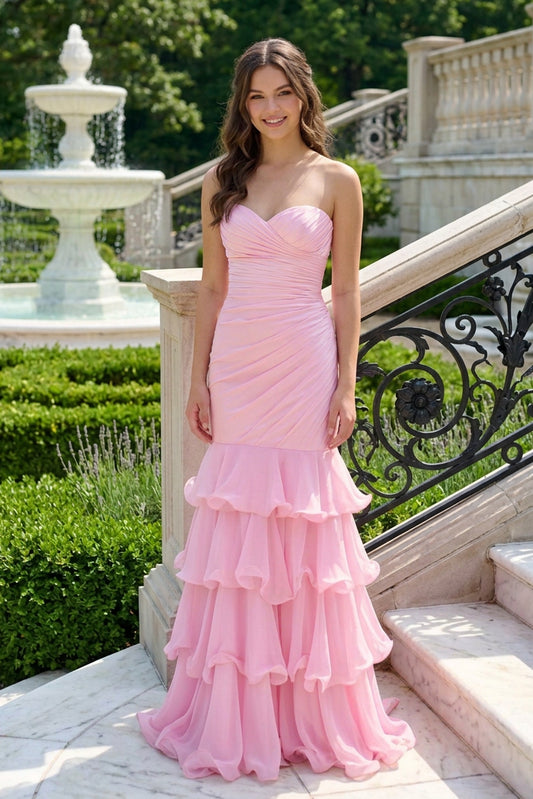 Strapless Ruched Mermaid Gown with Tiered Skirt