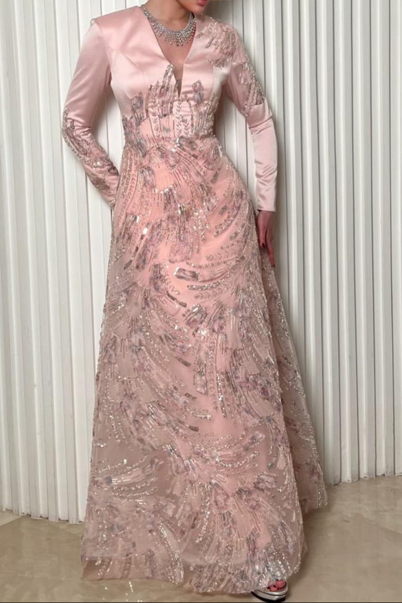 V-Neck Long Sleeve Sequin A-Line Gown