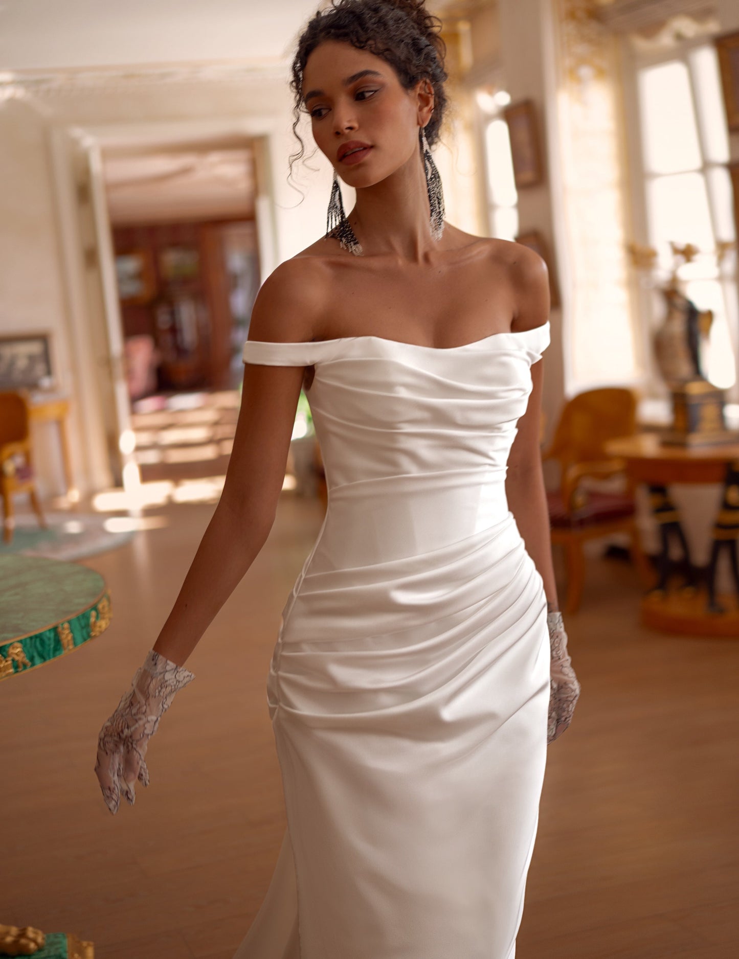 Off-the-Shoulder Ruched Satin Corset Wedding Dress