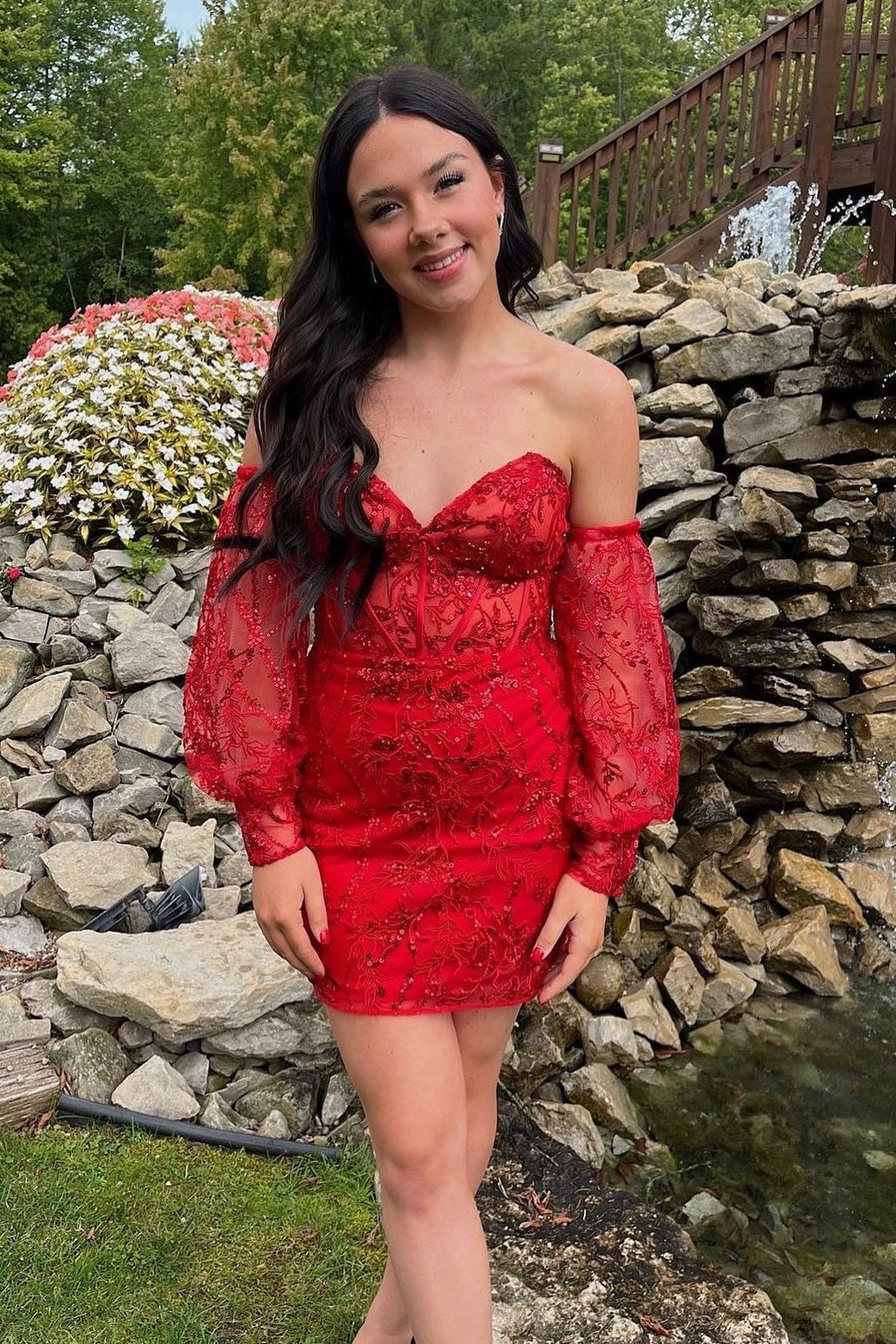 Off-Shoulder Lace Corset Mini Dress with Long Sleeves