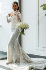 Mock Neck Lace Mermaid Wedding Dress with Long Sleeves