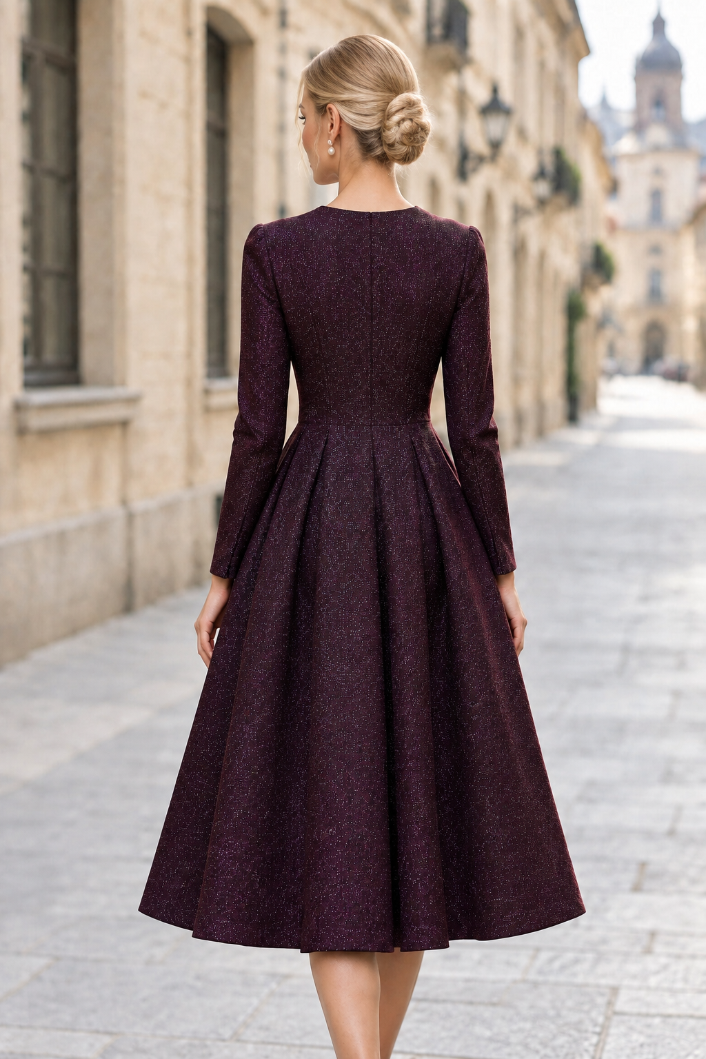 Long Sleeve Shimmer Midi A-Line Dress