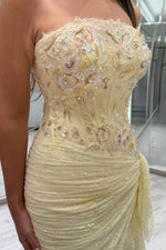 Strapless Beaded Lace Corset Gown with Slit