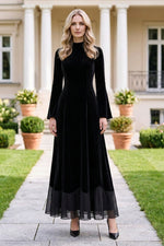 Velvet Maxi Dress with Bell Sleeves and Sheer Hem