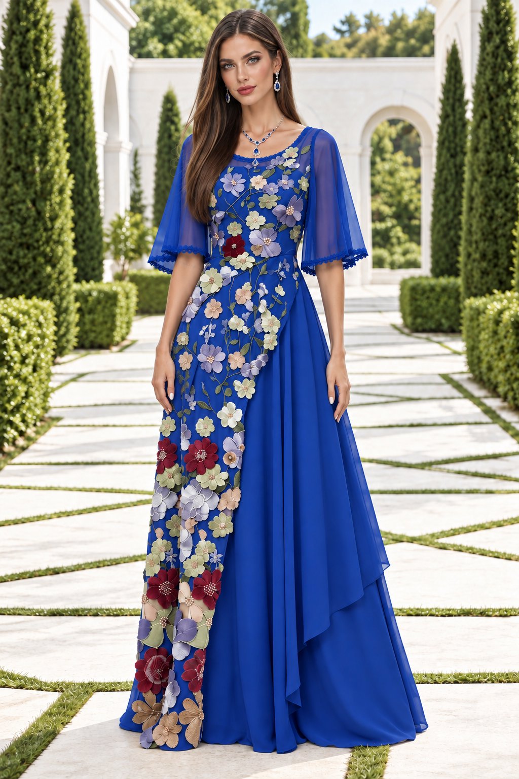 Floral Embroidered Illusion A-Line Evening Gown