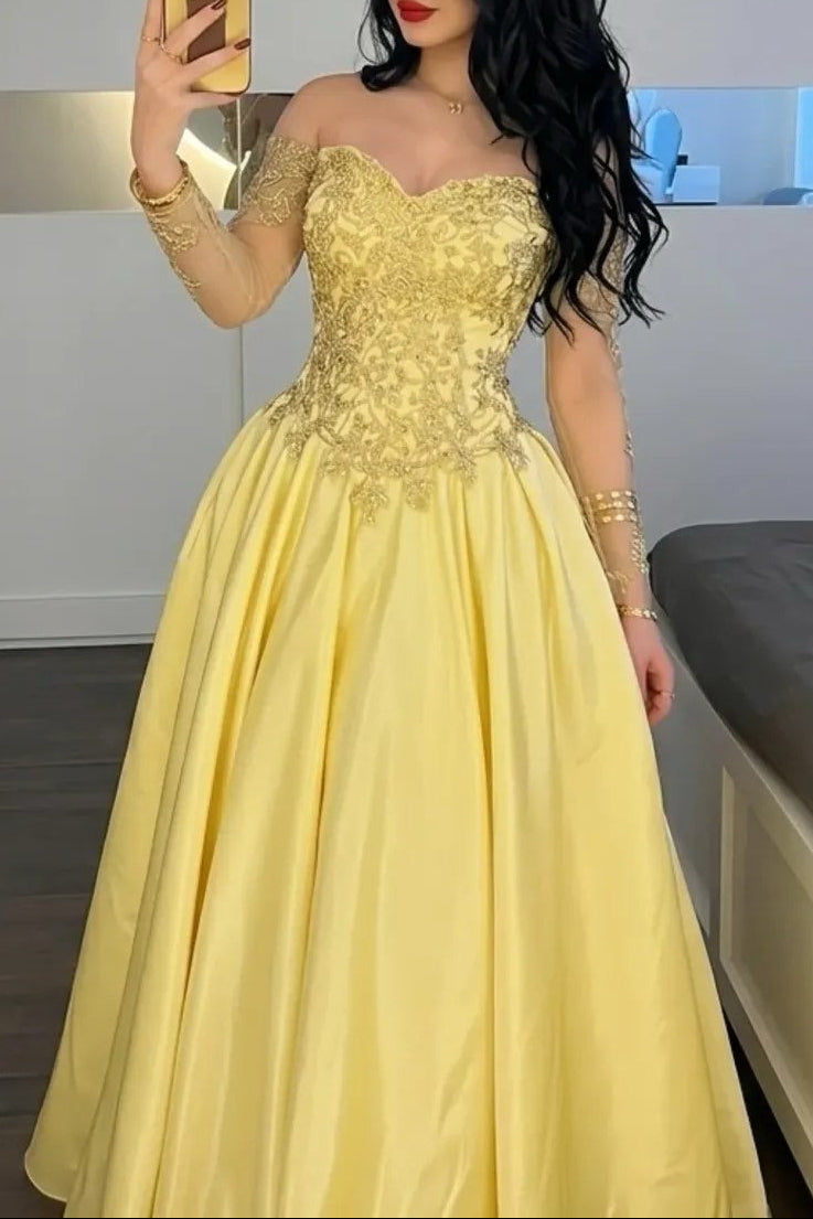 Off-the-Shoulder Lace Applique Satin Ball Gown