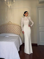 High Neck Lace Mermaid Wedding Dress with Detachable Train