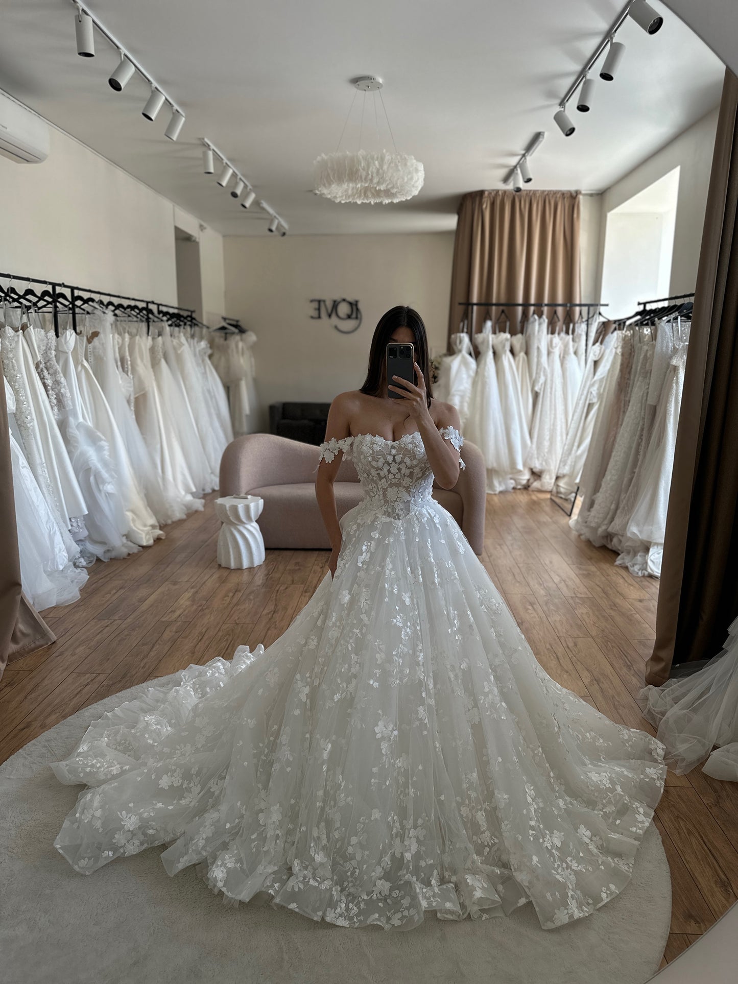 Off-the-Shoulder Lace Ball Gown Wedding Dress