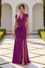 V-Neck Side Ruffle Evening Gown with Front Slit