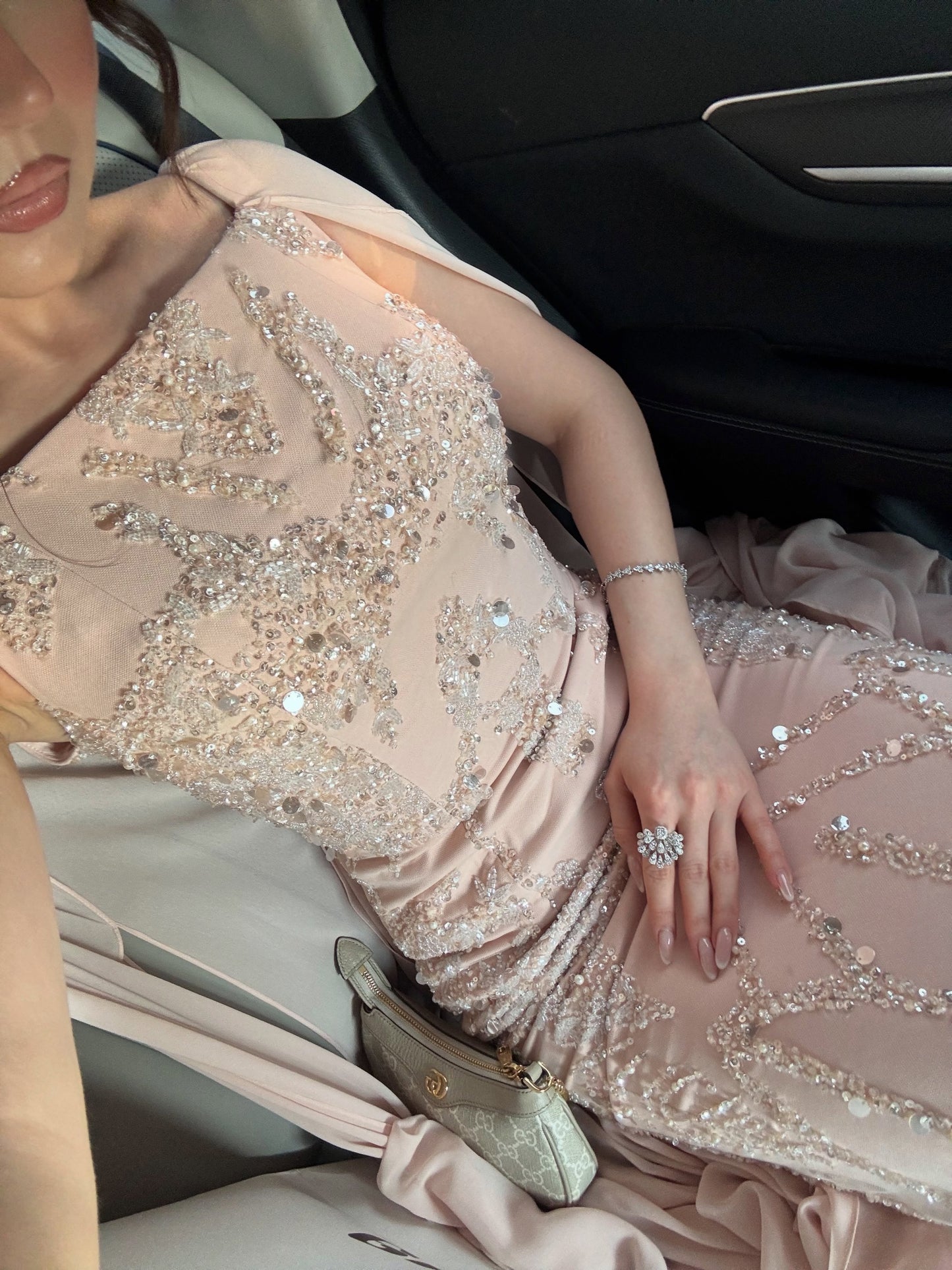 Beaded Cape Column Gown with Feather Hem