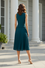 Sleeveless Wrap-Over Midi Dress with Pleated Skirt