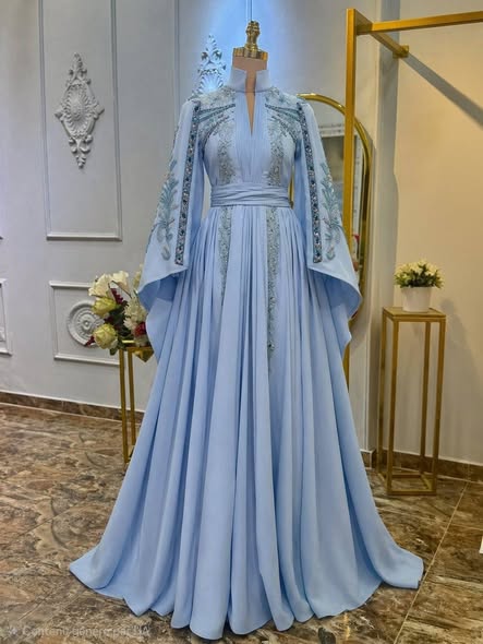 Embroidered Bell Sleeve Pleated Formal Evening Gown