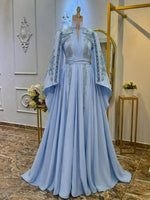 Embroidered Bell Sleeve Pleated Formal Evening Gown