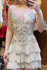 Embellished V-Neck Tiered Ruffle Mini Dress