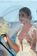 Plunging V-Neck Lace Applique A-Line Wedding Dress