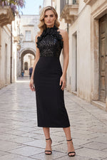 Floral Applique Sequin Halter Midi Dress