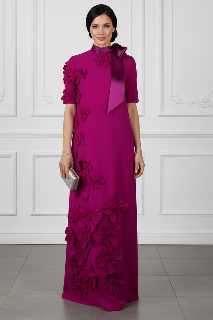Magenta 3D Floral Crepe Column Gown with Satin Bow