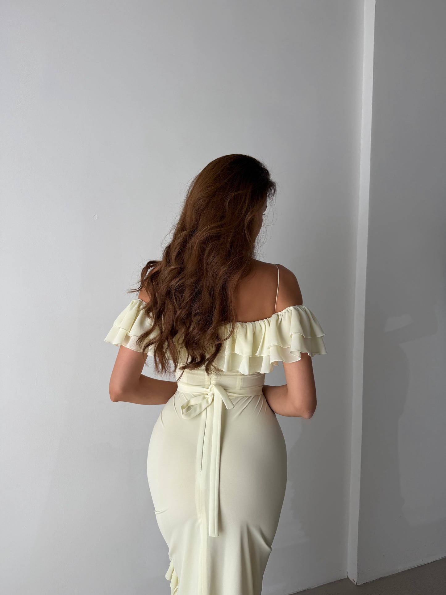 Off-the-Shoulder Ruched Ruffle Maxi Dress