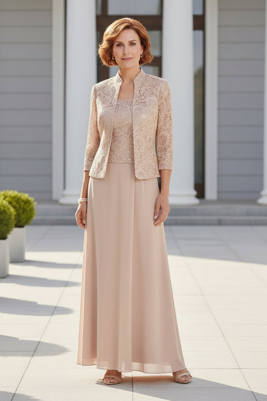 Elegant Chiffon Dress with Matching Lace Jacket