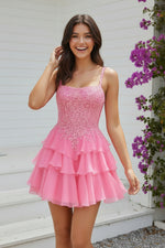 Tiered Ruffle Mini Dress with Lace Bodice