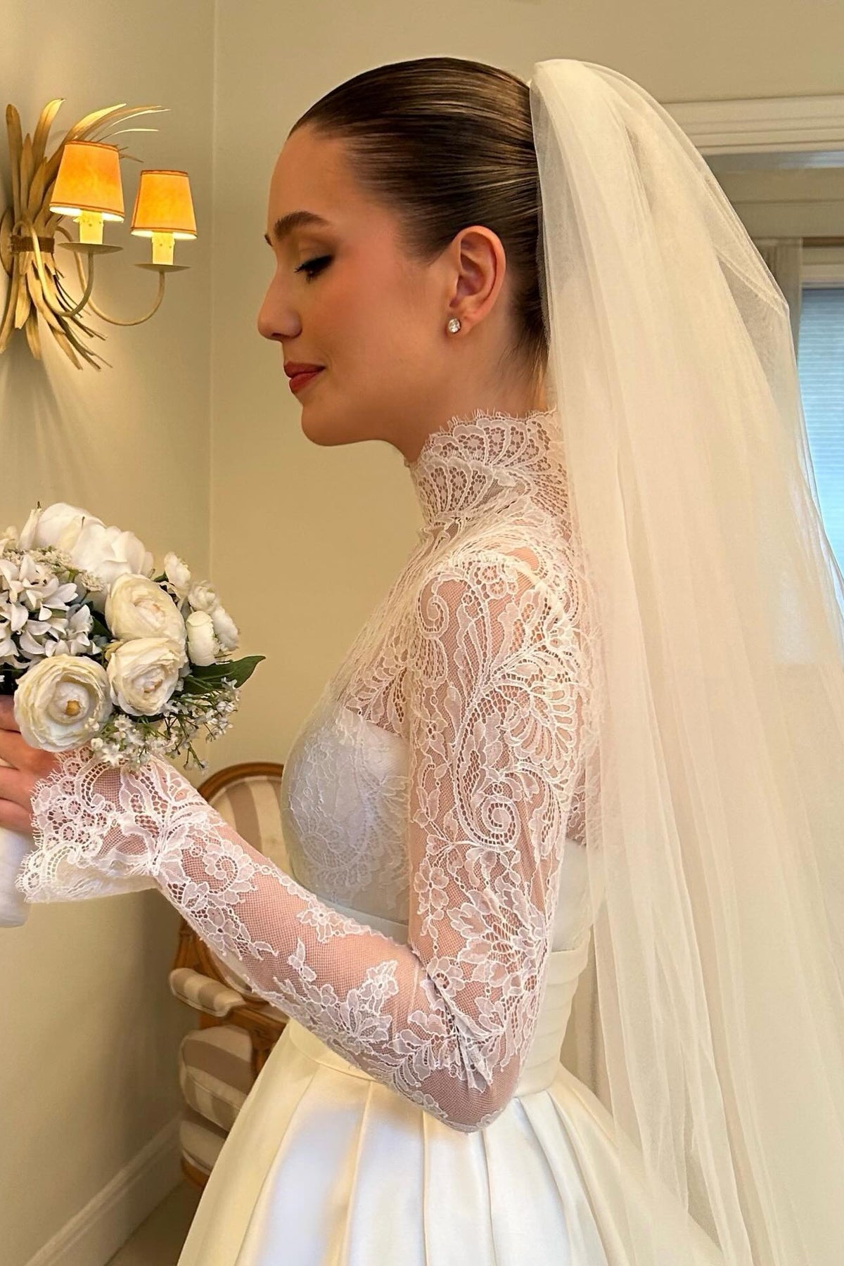 High-Neck Lace and Satin Ball Gown Wedding Dress