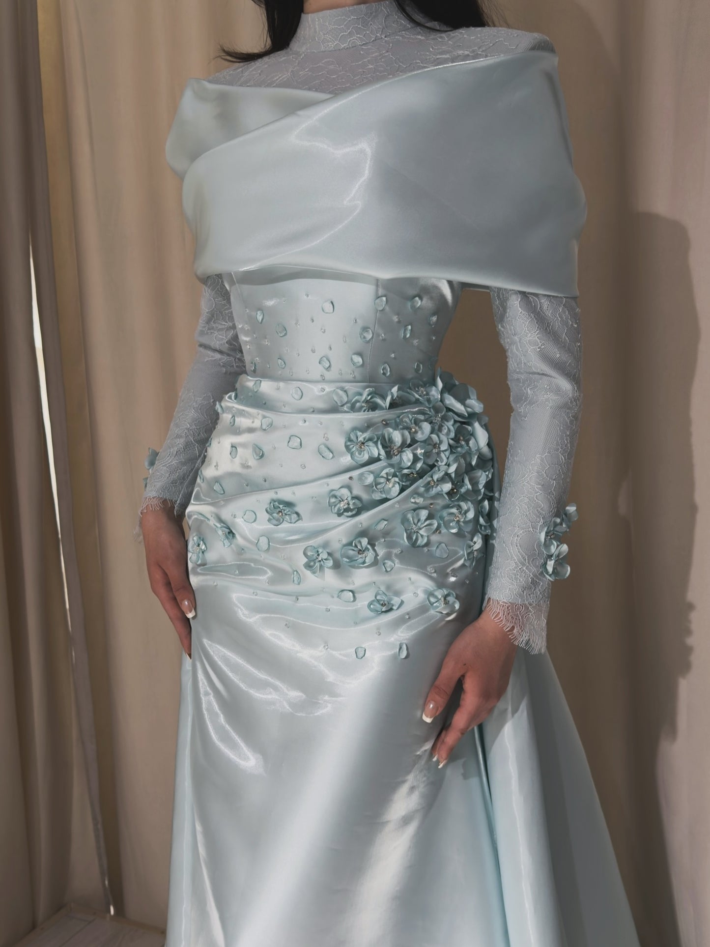 High Neck Satin Evening Gown with 3D Flowers