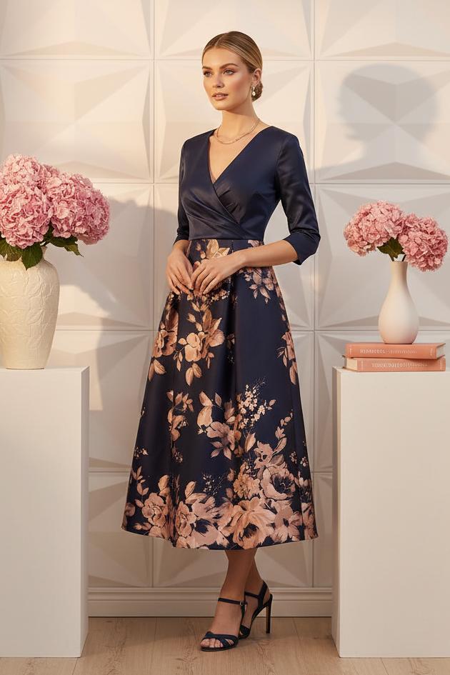Floral Pleated A-Line Midi Dress with 3/4 Sleeves