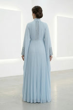 Beaded Waist Cape Sleeve Pleated Evening Gown