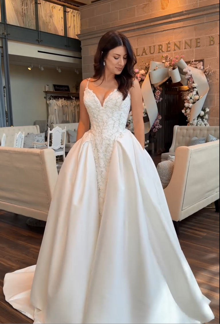 Embroidered Beaded Bodice Satin Ball Gown Wedding Dress