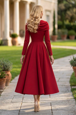 Cowl Collar A-Line Midi Dress with Long Sleeves