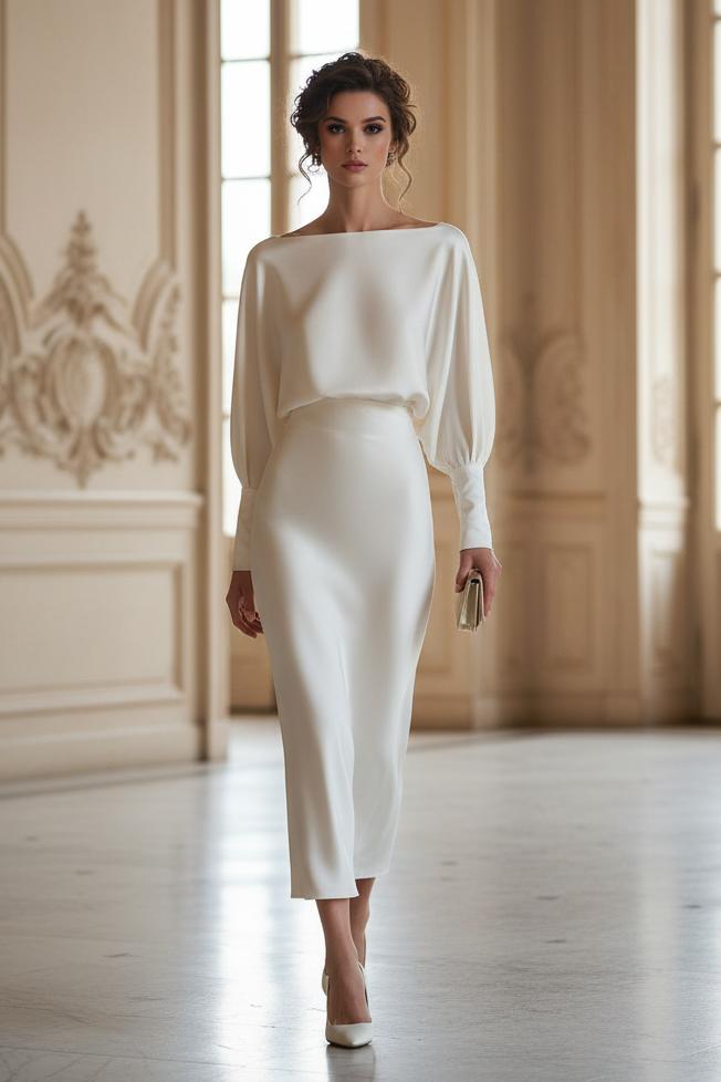 Bateau Neck Midi Dress with Bishop Sleeves
