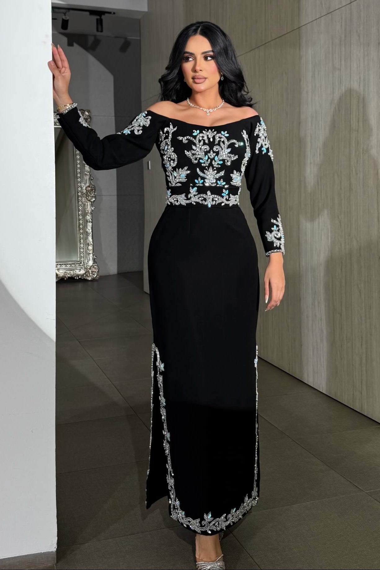 Embellished Off-the-Shoulder Maxi Dress with Slit