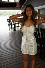 Strapless Floral Sequin Mini Dress with Bow Back