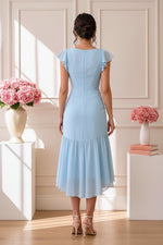Flutter Sleeve High-Low Ruched Chiffon Dress