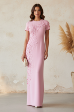 Elegant Pink Short Sleeve Sheath Evening Dress with 3D Floral Appliques