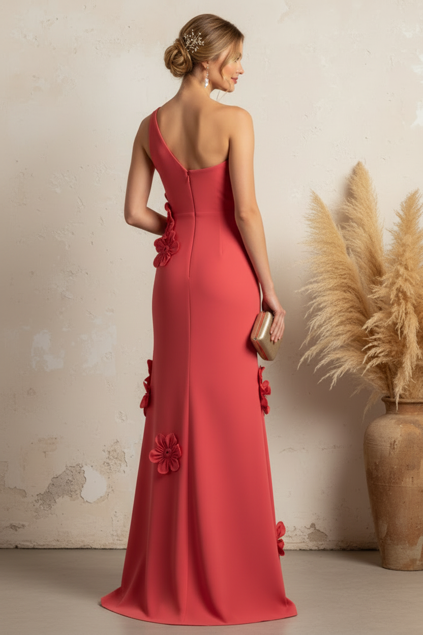 One Shoulder 3D Floral Applique Evening Gown