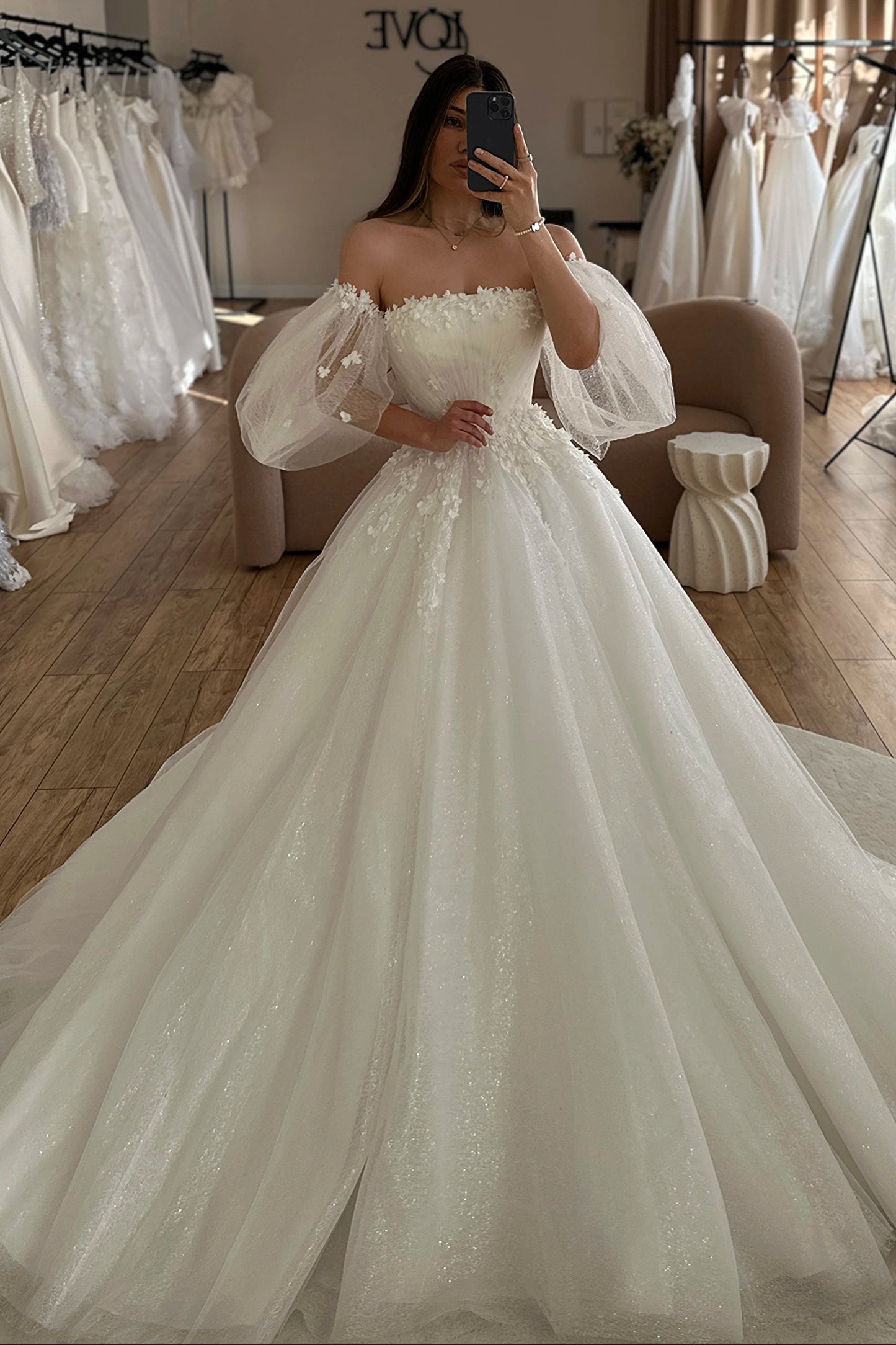 3D Floral Off-the-Shoulder Ball Gown Wedding Dress