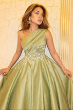 One-Shoulder Pleated Ball Gown with Beadwork