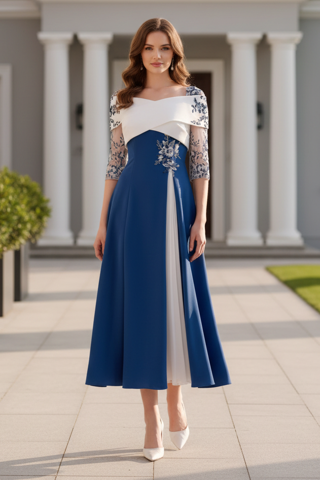 Embroidered 3/4 Sleeve A-Line Midi Dress