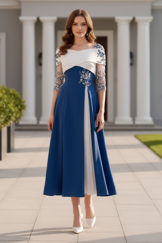 Embroidered 3/4 Sleeve A-Line Midi Dress