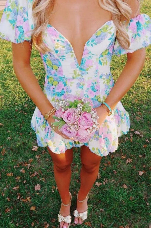 Off-the-Shoulder Floral Bubble Skirt Mini Dress