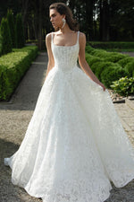 Square Neck Botanical Lace A-Line Wedding Dress