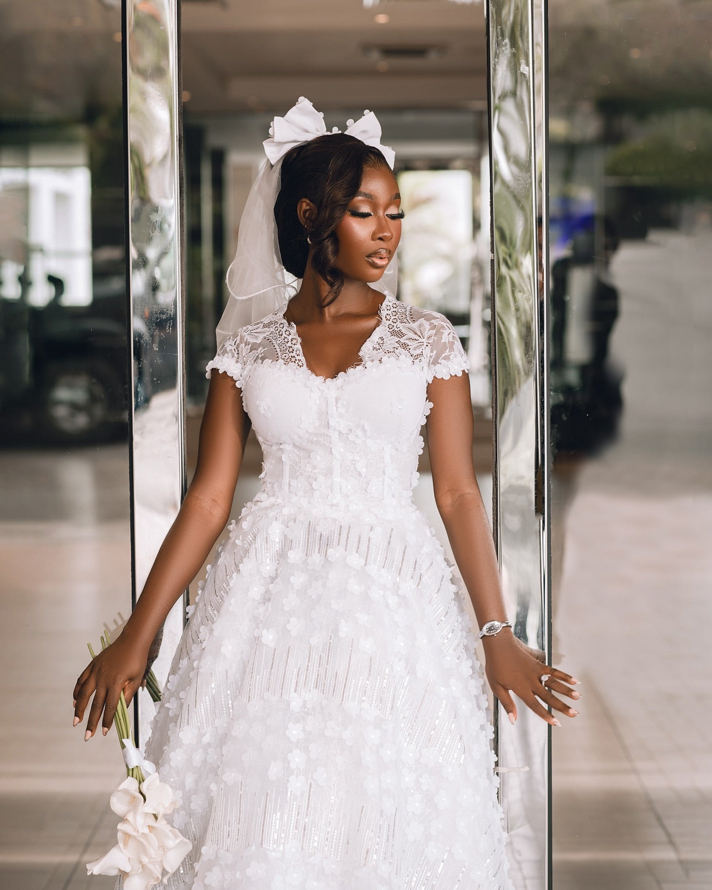 Vintage Lace Tea-Length Wedding Dress with 3D Flowers