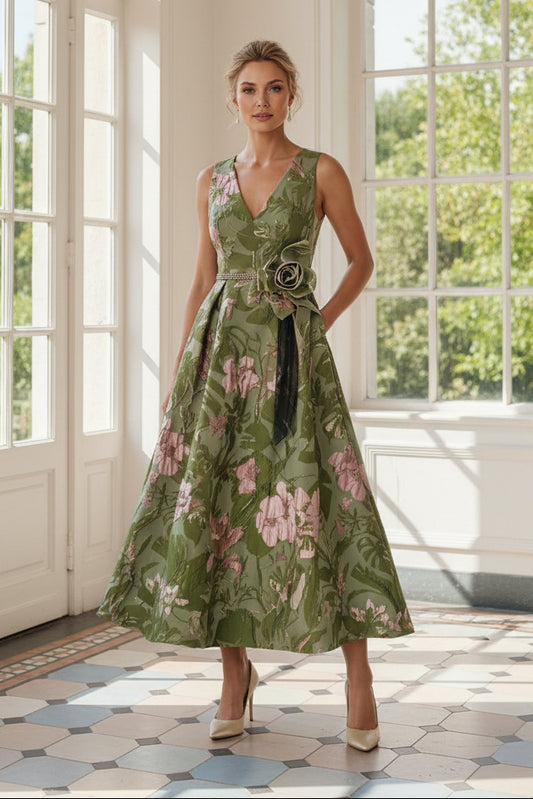 Floral Jacquard A-Line Tea-Length Dress with Belt